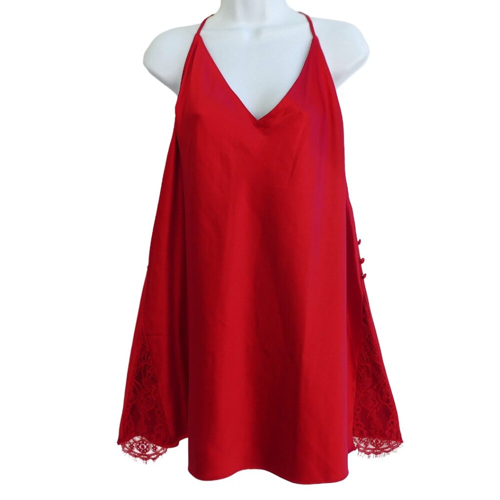 Victoria's Secret Red Liquid Satin Slip Dress Side Buttons Lace Panels Adj Strap